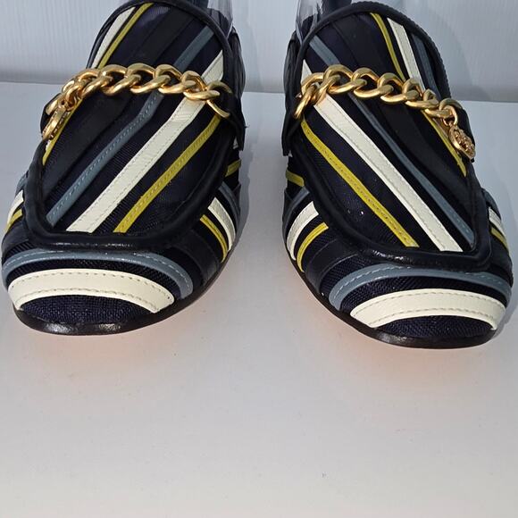 Tory Burch Jessa Stripe Mesh Loafer In Perfect Navy Multi Gold Chain Not Worn 9 - Picture 8 of 11